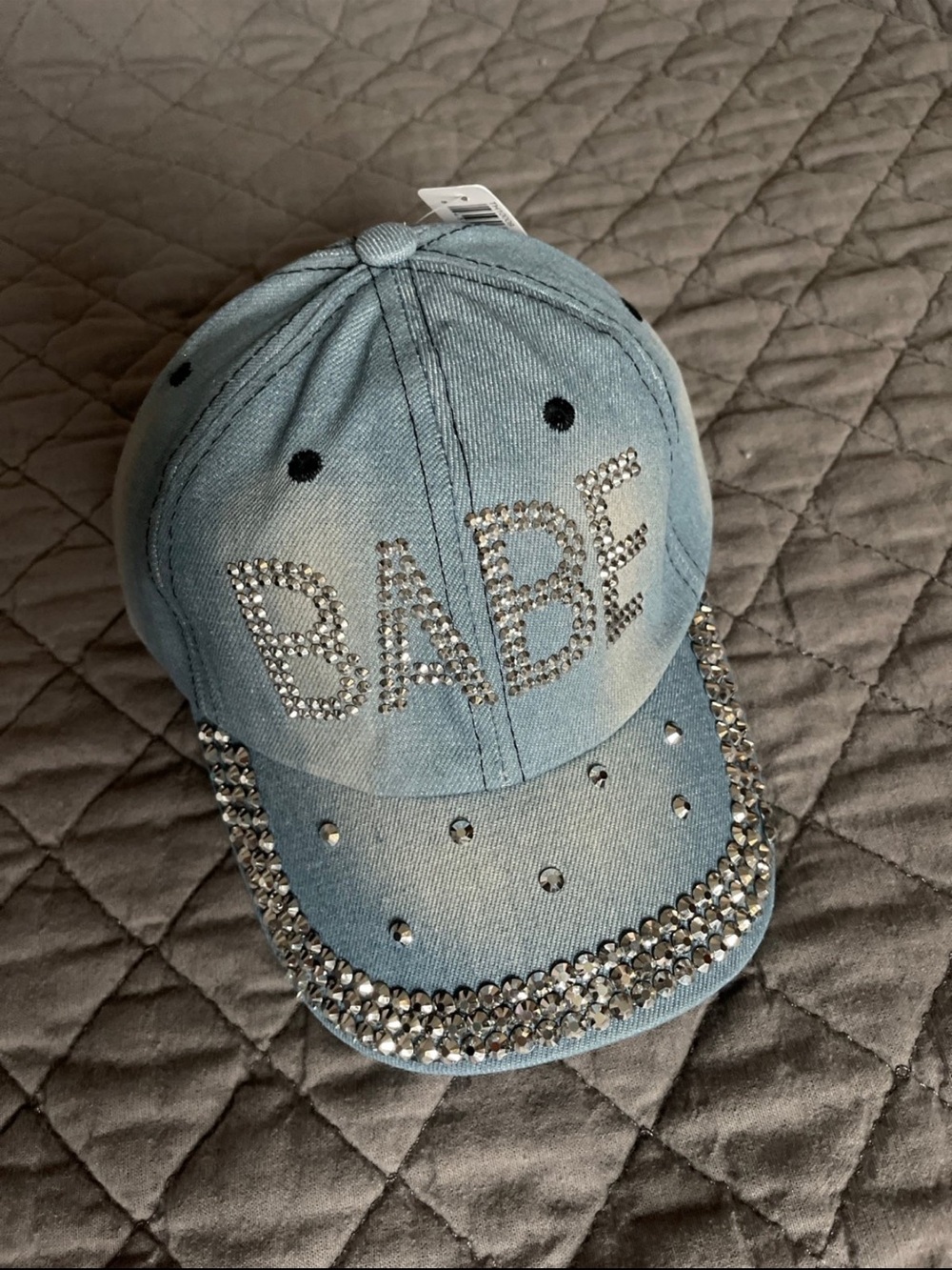 Rhinestone BABE Denim Baseball Cap - Light Blue